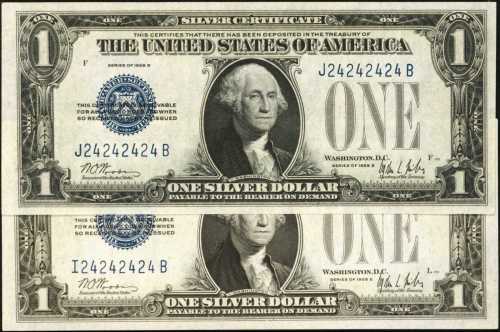 Lot of (2) Fr. 1602. 1928B $1 Silver Certificates. Choice Uncirculated. Repeater Serial Numbers.