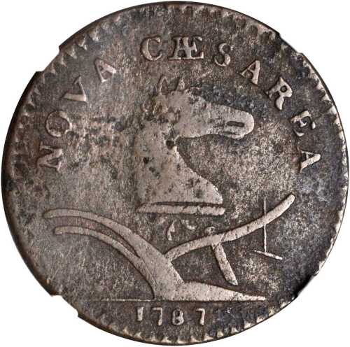 1787 New Jersey Copper. Maris 63-q, W-5365. Rarity-3. Sprig Above Plow, Broken Shield. VG Details--C