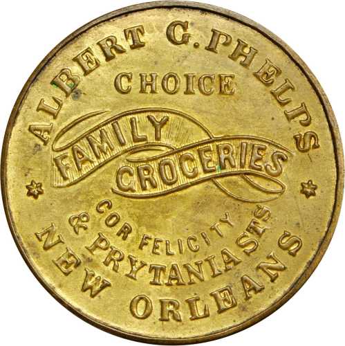 Louisiana, New Orleans. 1868 Albert G. Phelps. Bowers LA-400. Gilt brass. 34 mm. About Uncirculated.