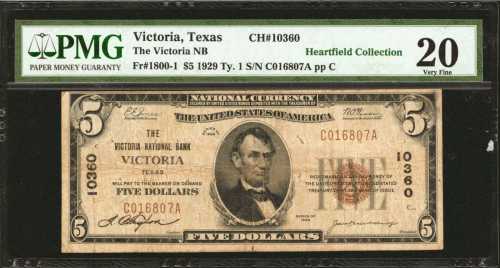 Victoria, Texas. $5 1929 Ty. 1. Fr. 1800-1. The Victoria NB. Charter #10360. PMG Very Fine 20.