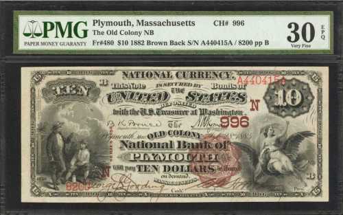 Plymouth, Massachusetts. $10 1882 Brown Back. Fr. 480. The Old Colony NB. Charter #996. PMG Very Fin