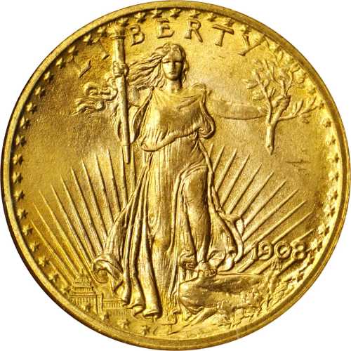 1908 Saint-Gaudens Double Eagle. No Motto. MS-68 (NGC).