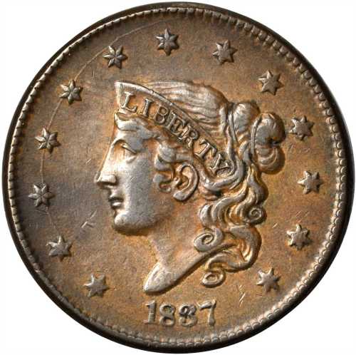 1837 Modified Matron Head Cent. N-14. Rarity-2. Plain Cord, Medium Letters. EF-40.