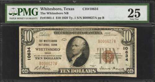 Whitesboro, Texas. $10 1929 Ty. 1. Fr. 1801-1. The Whitesboro NB. Charter #10634. PMG Very Fine 25.