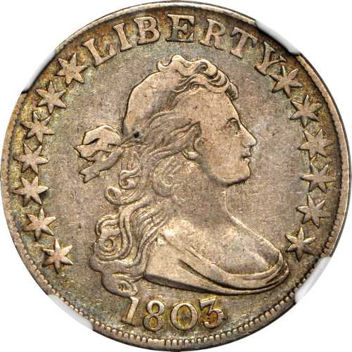 1803 Draped Bust Half Dollar. O-102a, T-2. Rarity-3+. Large 3, Small Reverse Stars. VF-25 (NGC).