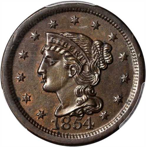 1854 Braided Hair Cent. N-14. Rarity-2. MS-64 BN (PCGS).