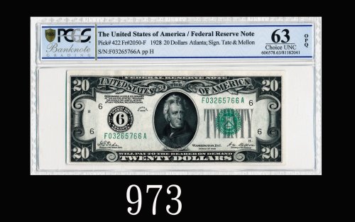 1928年美国纸钞20元1928 U.S.A., Federal Reserve $20, s/n F03265766A ppH. PCGS OPQ63 Choice UNC