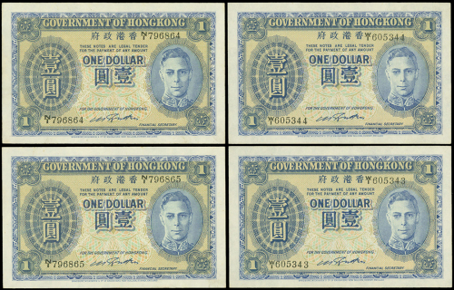 1940年香港政府蓝色1元4枚一组，AU品相