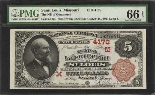 Fr. 474. St. Louis, Missouri. 1882 $5 Brown Back. The National Bank of Commerce in St. Louis. Charte