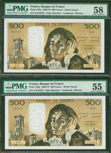 1968年法国银行500法郎一对，编号G6.45583及Q6.09701， 分别评PMG55(有针孔）及PMG58（回形针印）