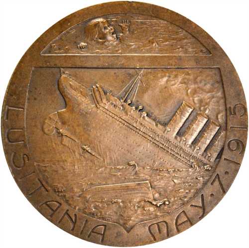 1918 Medal on the Sinking of the Lusitania and the U.S. Entry into World War One. Bronze. 53.9 mm. B