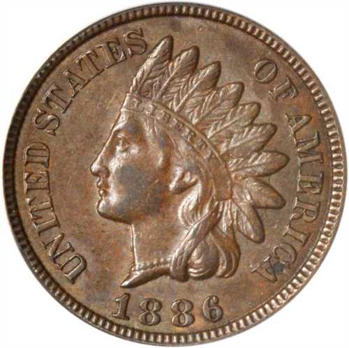 1886 Indian Cent. Type II Obverse. Snow-6. Repunched Date. AU-50 (ANACS).