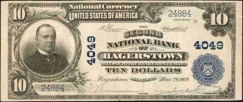 Hagerstown, Maryland. $10 1902 Plain Back. Fr. 626. The Second NB. Charter #4049. Very Fine.