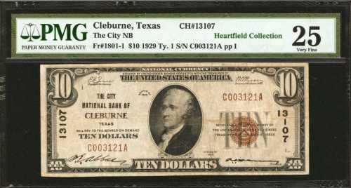 Cleburne, Texas. $10 1929 Ty. 1. Fr. 1801-1. The City NB. Charter #13107. PMG Very Fine 25.