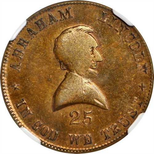 1864 Abraham Lincoln. DeWitt-AL 1864-Unlisted. King-878. Copper 23.6 mm. MS-63 BN (NGC).