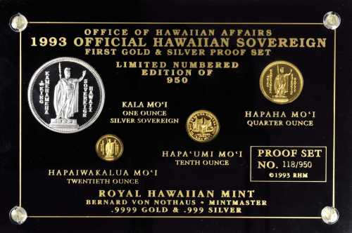 Complete 1993 Official Hawaiian Sovereign Proof Set. #118/950. Deep Cameo Proof.