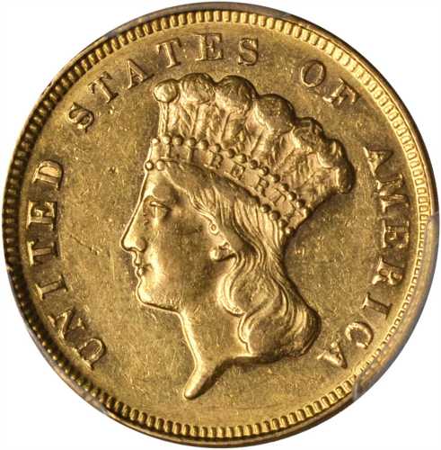 1871 Three-Dollar Gold Piece. AU-58 (PCGS).