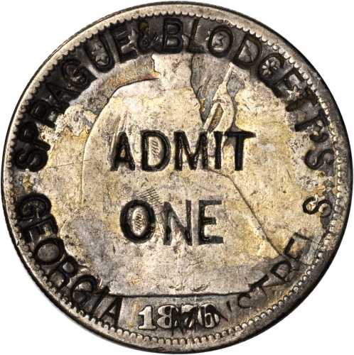 Missouri. SPRAGUE & BLODGETTS GEORGIA MINSTRELS ADMIT ONE on an 1876 Liberty Seated half dollar. Bru