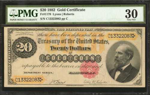 Fr. 1178. 1882 $20 Gold Certificate. PMG Very Fine 30.