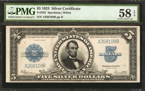 Fr. 282. 1923 $5 Silver Certificate. PMG Choice About Uncirculated 58 EPQ.