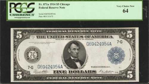 Fr. 871a. 1914 $5 Federal Reserve Note. Chicago. PCGS Very Choice New 64.