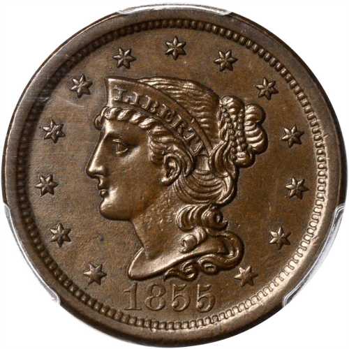 1855 Braided Hair Cent. N-7. Rarity-1. Upright 5s. MS-63 BN (PCGS).