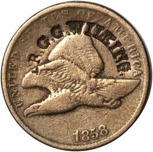 New Hampshire--Pittsfield. DR. G.G. WILKINS. on the obverse of an 1858 Small Letters Flying Eagle ce