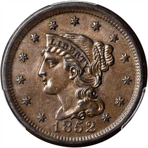 1852 Braided Hair Cent. N-15. Rarity-3. MS-62 BN (PCGS).