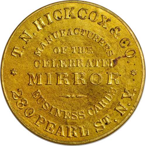 New York, New York. T.N. Hickcox & Co. Mirror. Bowers NY-6386. Gilt brass. 38 mm. Choice Mint State.