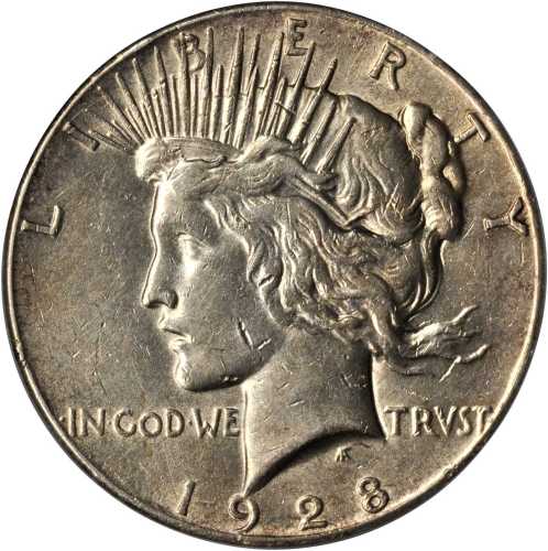 1928 Peace Silver Dollar. AU Details--Edge Damaged (PCGS).