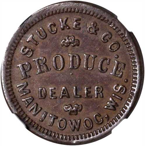 Wisconsin--Manitowoc. 1863 Stucke & Co. Fuld-420B-4a. Rarity-2. Copper. 19 mm. MS-62 BN (NGC).