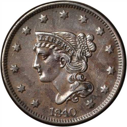 1840 Braided Hair Cent. N-6. Rarity-1. Large Date. VF-30 Spots.