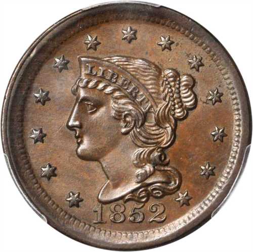 1852 Braided Hair Cent. N-7. Rarity-1. Repunched Date. MS-64 BN (PCGS).