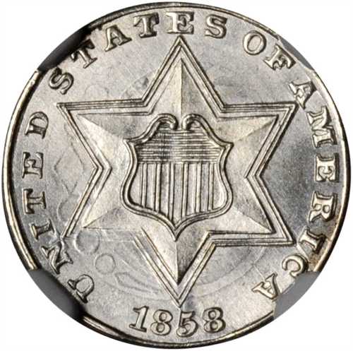 1858 Silver Three-Cent Piece. MS-66 (NGC).