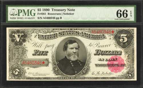 Fr. 361. 1890 $5 Treasury Note. PMG Gem Uncirculated 66 EPQ.