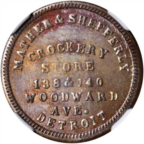 Michigan--Detroit. 1864 Mather & Shefferly. Fuld-225AX-5a. Rarity-9. Copper. 19 mm. MS-64 BN (NGC).