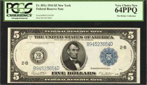 Fr. 851c. 1914 $5 Federal Reserve Note. New York. PCGS Very Choice New 64 PPQ.