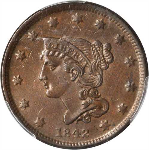 1842 Braided Hair Cent. N-1. Rarity-3. Small Date. AU-55 (PCGS).
