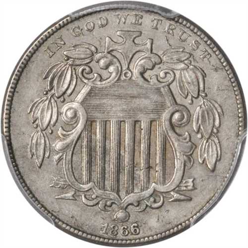 1866/1866 Shield Nickel. Rays. FS-303. Repunched Date. AU-50 (PCGS).