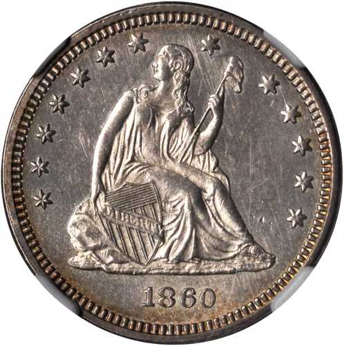1860 Liberty Seated Quarter. Type I Reverse. MS-61 (NGC).