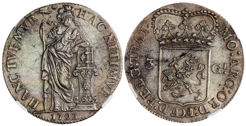 1852年荷兰3盾纪念币，NGC MS63