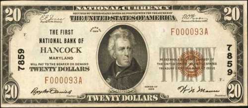 Hancock, Maryland. $20 1929 Ty. 1. Fr. 1802-1. The First NB. Charter #7859. Very Fine.