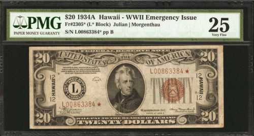 Fr. 2305*. 1934A $20 Hawaii Emergency Star Note. PMG Very Fine 25.