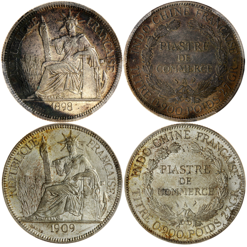 法属安南1元银币2枚一组，1898A及1909A，分别评PCGS AU55及MS61