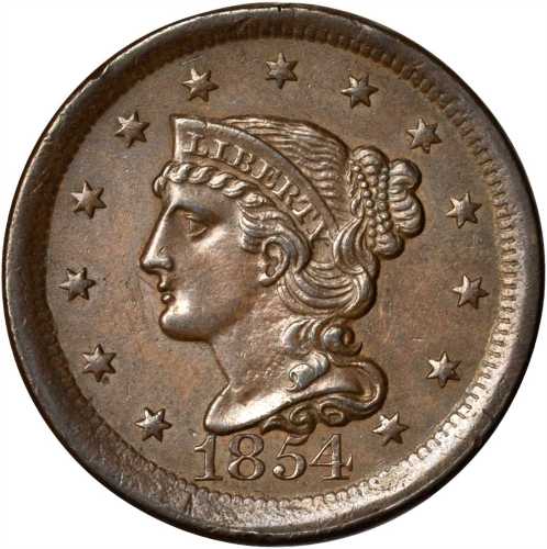 1854 Braided Hair Cent. N-14. Rarity-2. AU-50.