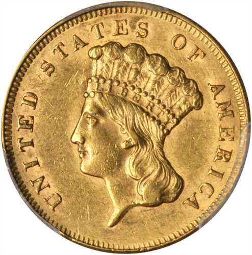 1864 Three-Dollar Gold Piece. AU-58 (PCGS).