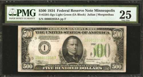 Fr. 2201-Ilgs. 1934 $500 Federal Reserve Note. Minneapolis. PMG Very Fine 25.