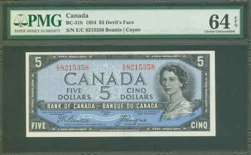 1954年加拿大银行5元「魔鬼脸」，编号E/C 8215358, PMG64EPQ