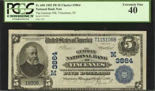 Vincennes, Indiana. $5 1902 Plain Back. Fr. 600. The German NB. Charter #3864. PCGS Extremely Fine 4