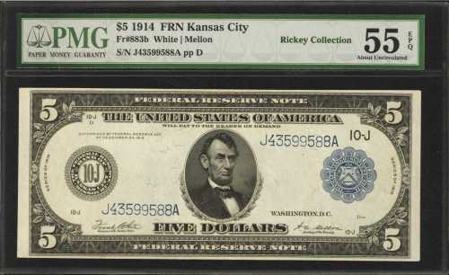 Fr. 883b. 1914 $5 Federal Reserve Note. Kansas City. PMG About Uncirculated 55 EPQ.